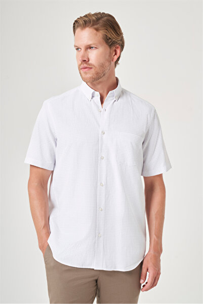 İmza White-Lilac Buttoned Collar Short Sleeve Pocketed Comfort Fit Cotton Shi...