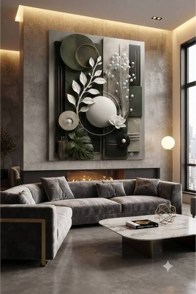 zeyrada Premium Modern Dekorasyon Kanvas Tablo Geometrik Panel ve Yaprak Deta...