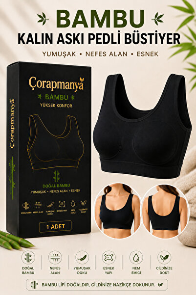 çorapmanya Kadın Bambu Kalın Askılı Pedli Bustiyer Siyah - Beyaz - Ten