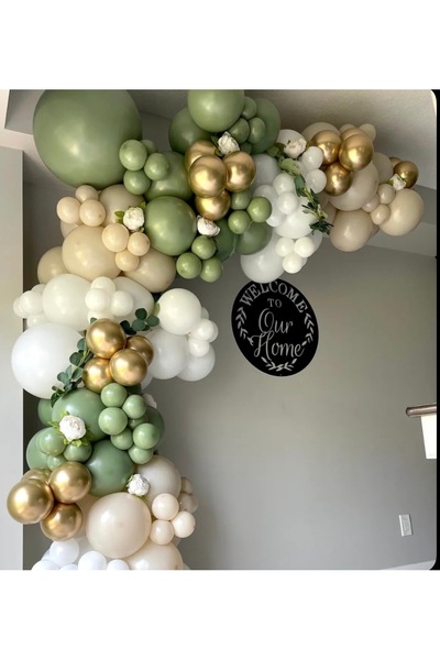 Çemrek Süs Parti Eucalyptus Green Retro White Gold Chrome Balloon Chain Set o...