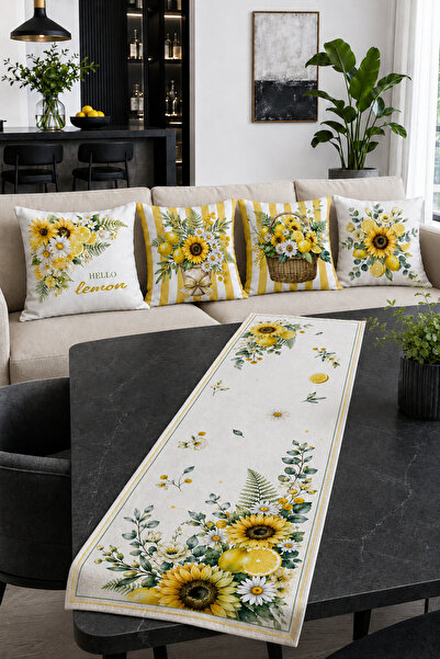 Bebişim Halı Yellow Lemon and Sunflower Patterned Runner and Set of 4 Throw P...