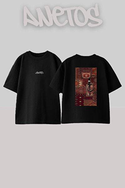 Anetos Oriental Carpet Ain Design Back Printed Cotton Black Oversize T-Shirt