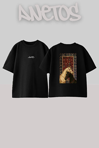Anetos Horses Hali Design Back Printed Cotton Black Oversize T-Shirt