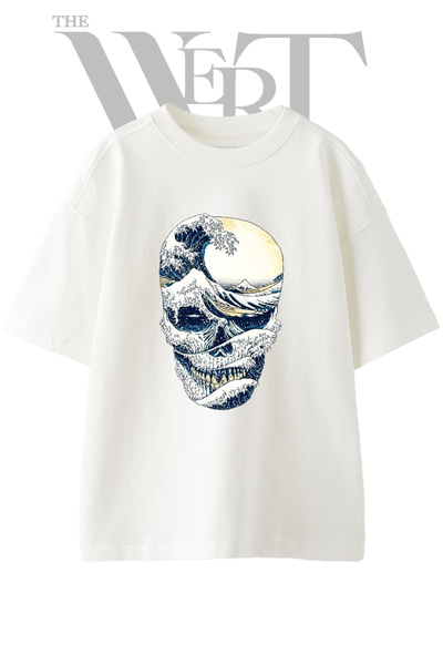 THEWERT Μπλουζάκι με σχέδιο Great Wave Skull, τυπωμένο Unisex λευκό oversize