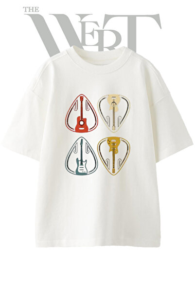THEWERT Μπλουζάκι με στάμπα Guitar Ikon Design, Unisex, λευκό, oversized