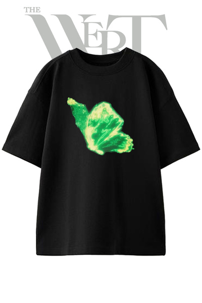 THEWERT Green Luminous Wing Design Printed Unisex Black Oversize T-Shirt