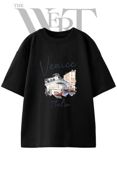 THEWERT Rialto Bridge Design Printed Unisex Black Oversize T-Shirt