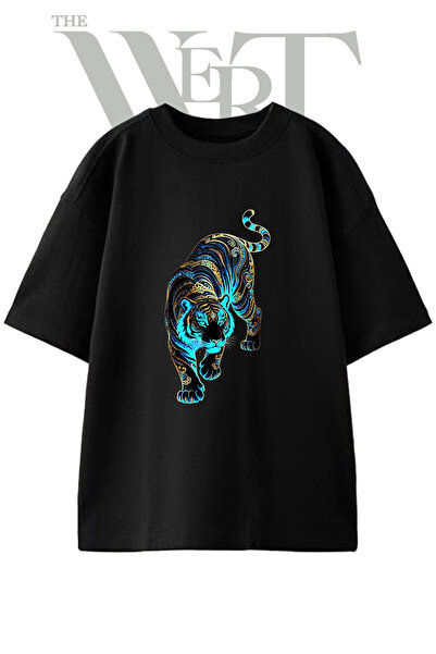 THEWERT Tiger Pattern Design Printed Unisex Black Oversize T-Shirt