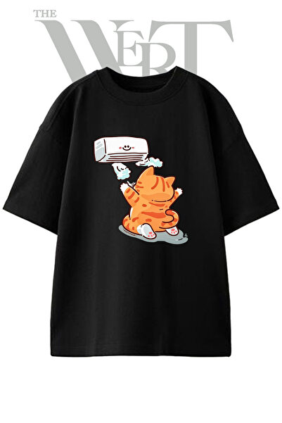 THEWERT Orange Cat Ac Design Printed Unisex Black Oversize T-Shirt