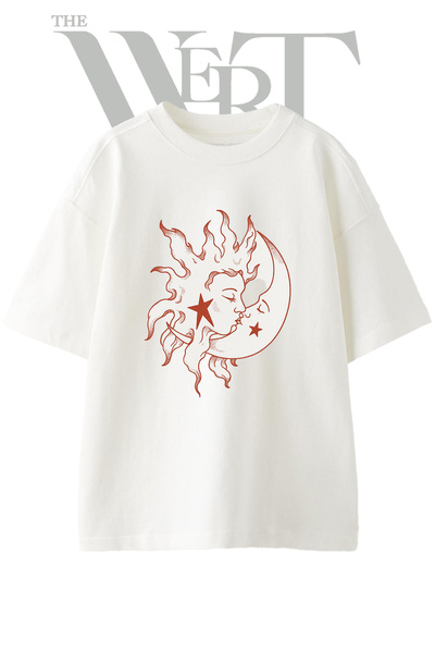 THEWERT Sun Moon Kiss Design Printed Unisex White Oversize T-Shirt