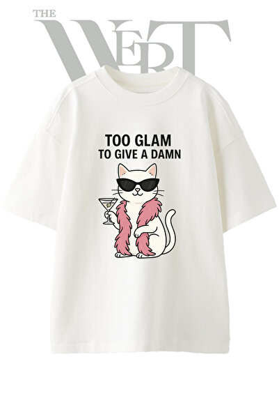 THEWERT Glam Cat Design Printed Unisex White Oversize T-Shirt