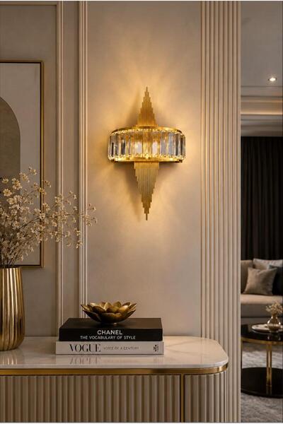 Elizim Home Lighting Modern Kristal Gold LED Duvar Apliği 45x15 cm Şarjlı Sal...