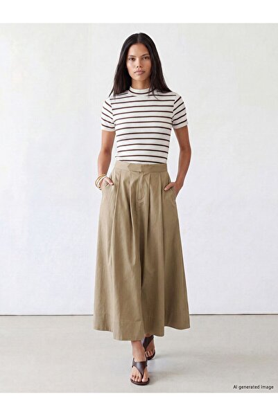 LC Waikiki تنورة LCW Modest بنية اللون عالية الخصر مطوية وواسعة