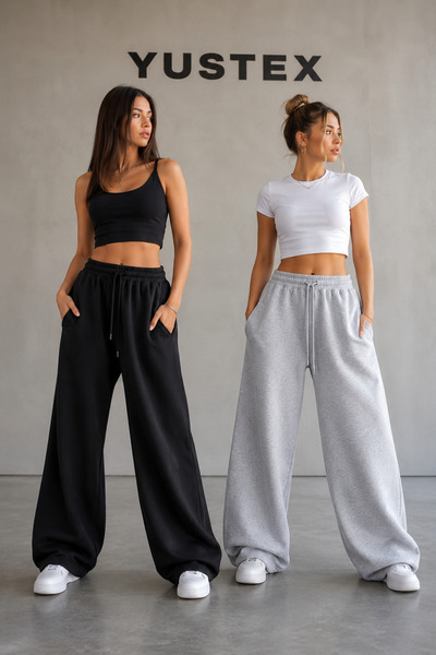 LAUSRA 2-Pack Women's (Black - Gray) Baggy 2-Yarn Loose-Leg Sweatpants