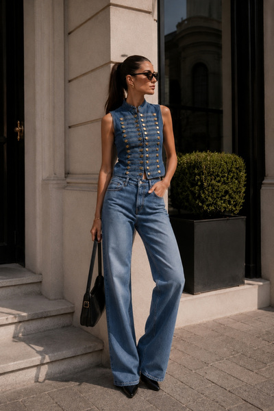 Black Fashion Düğme Detay Hakim Yaka Mavi Denim Yelek