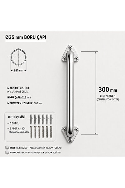 OnurBüküm Çap 25 Paslanmaz Çelik Tutunma Barı 30cm