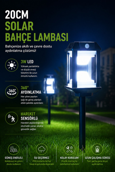 Coverzone 20 cm Solar Bahçe Lambası Hareket Sensörlü 3W LED Type-C Şarjlı 300...