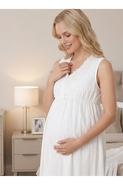 Lohusa Dünyasi Women's Ecru Linen Scallop Lace 2-Piece Maternity Nightgown Set with Dressing Gown