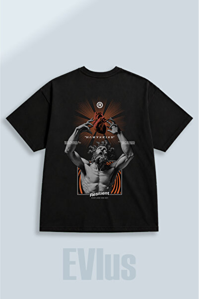 EVIus Tricou negru oversize, cu imprimeu Humankind, 100% bumbac, cu decolteu ...