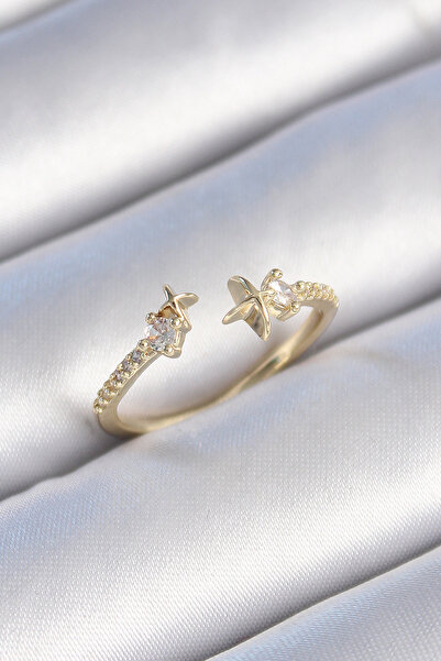 Mega Bazaar Brass Gold Color Zircon Stone Detail Star Model Women's Ring
