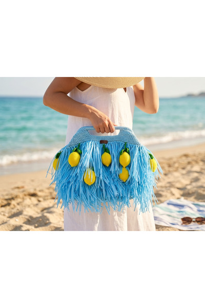 edirneörgü Velora Lemon Figured Hand Knitted Paper String Tassel Summer Beach Bag