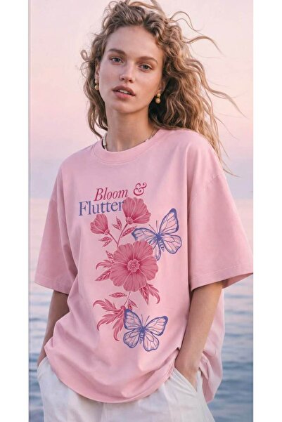 classy moda Μπλουζάκι Unisex Oversize με στάμπα ροζ λουλουδιών και πεταλούδων...