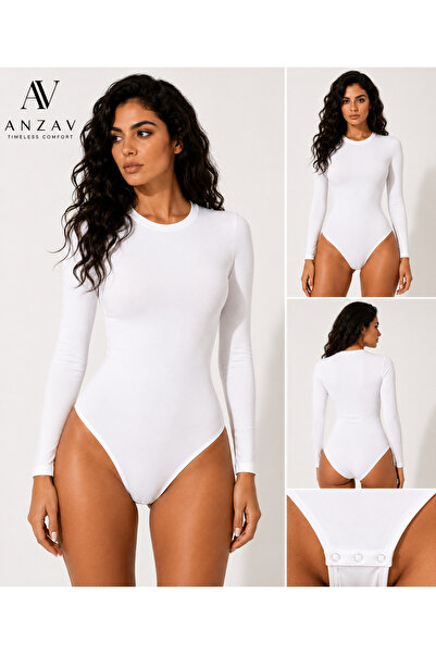 AV ANZAV 1574 بدلة نسائية بيضاء طويلة الأكمام - ملمس ناعم