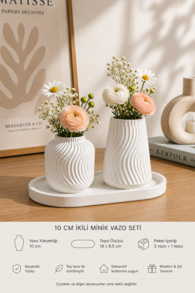 Minima Art Studio 10 cm İkili Mini Vazo Seti Oval Tepsili | Dekoratif Taş Toz...