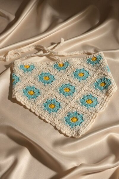 BHR AKSESUAR Turquoise Floral Motif Tie-Up Bandana, Knitted Summer Hair Banda...