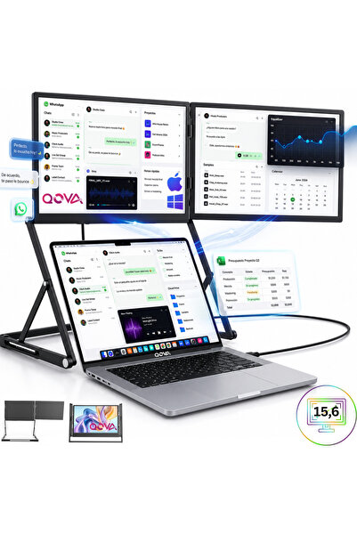 Qova Suport monitor dublu extensibil cu suport pentru laptop, Qova ® Extensor...