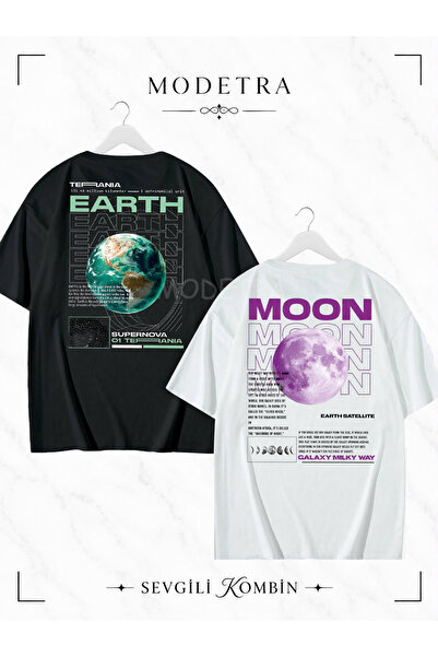 Modetra Women Men Earth Moon Back Printed Lover Couple Combination Oversize L...