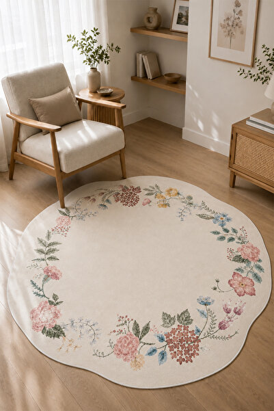 PINKIE HOME Dijital Kaymaz Taban Yıkanabilir Çiçekli Asimetrik Modern Yuvarla...