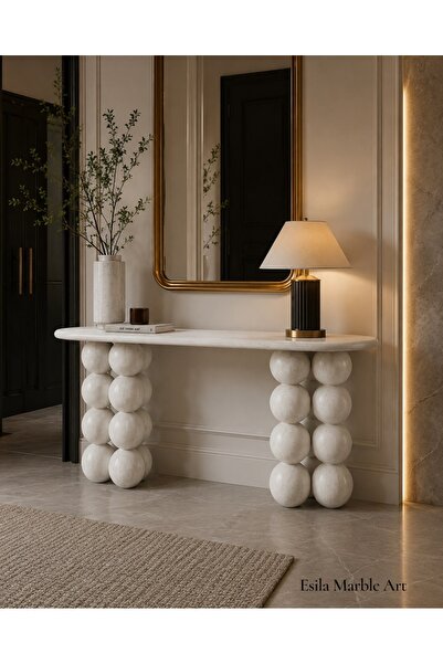 ESİLA MARBLE El Yapımı Traverten Boncuk Ayaklı Lüks Dresuar-Mermer Makyaj Masasi