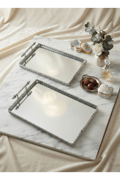 Furkan Vintage Decorative Jardinier Mirror Silver Rectangular 2-Piece Tray