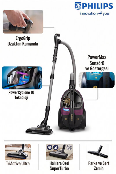 Philips Marathon Ultimate 899 W Turbo Başlıklı Toz Torbasız Süpürge - Evcil H...