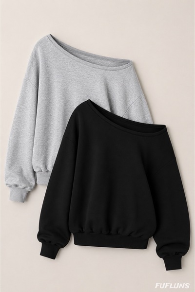 FUFLUNS Printless 2-Pack Black - Gray Color Oversized Women's Boat Neck Sweat...