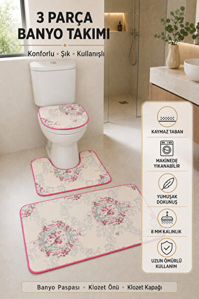 tepehan 3’lü Banyo Paspası Halısı Seti Kaymaz Tabanlı Yıkanabilir Klozet Takı...