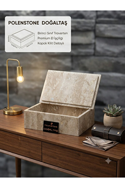 Polen Stone صندوق مغطى بالحجر الطبيعي الترافرتين - 30x20x10 سم |   صندوق تخزين زخرفي مصنوع يدويًا وصندوق مجوهرات
