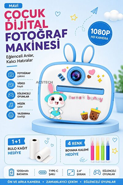 ACSTECH Fotoğraf Çıkaran Çocuk Dijital Fotoğraf Makinesi | Tatlı Tavşan Tasar...