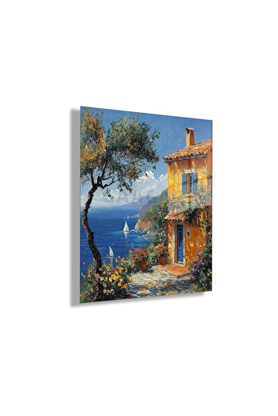 GAAGART Temperli Cam Tablo Sarı Akdeniz Evi ve Zeytin Ağacı Modern Duvar Sanatı