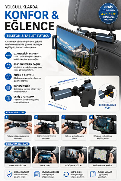 ALL FAST Koltuk Arkası Ayarlanabilir Tablet ve Telefon Tutucu | Araç İçi Askı...