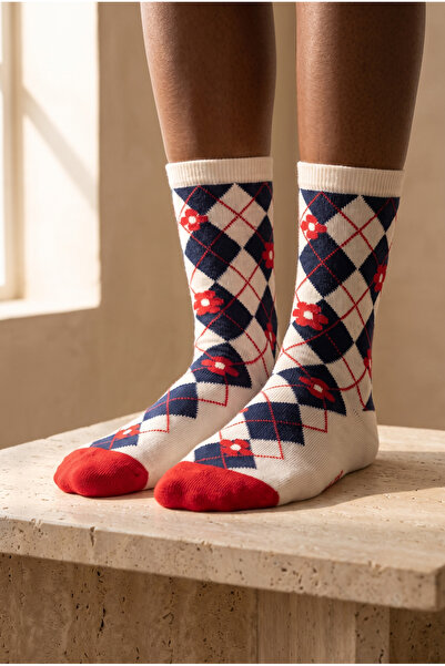 Katia&Bony Women's Floral Patterned Plaid Socks Ecru