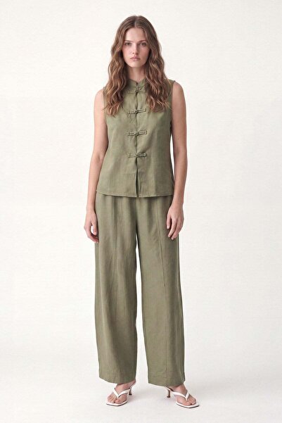 Antioch Khaki Linen Blend Ornate Button Suit