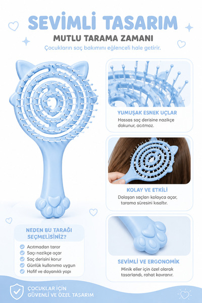 Kifi Pro Üç Boyutlu Çocuk Saç Fırçası Mavi Kedi Pati ve Kulaklı