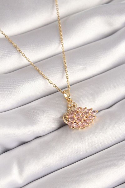 Skygo 316L Steel Gold Color Chain Pink Zircon Stone Swan Model Women's Neckla...