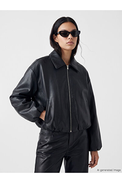 LC Waikiki Shirt Collar Oversize Women's Faux Leather Jacket