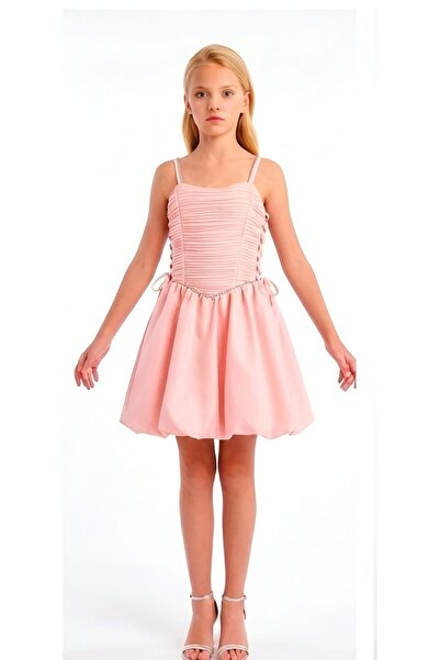 bikids KIZ ÇOCUK DRAPELİ ASKILI BALON ETEK PEMBE KISA ABİYE ELBİSE