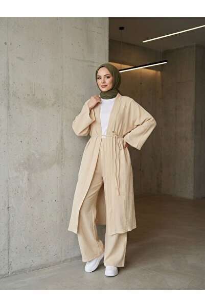 Generic Brand Long Cardigan Trouser Suit-Beige
