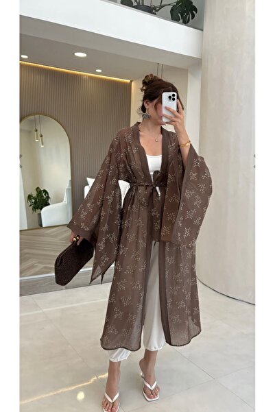 LİNDALİNA TEKSTİL Keten Nakışlı Kuşaklı Uzun Kimono