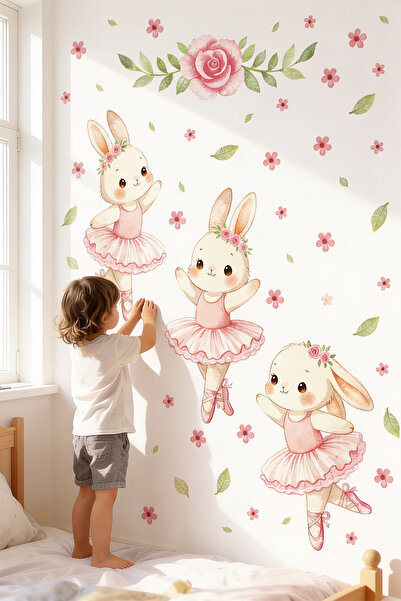 posterland Balerin Tavşan Çocuk Odası Duvar Sticker Seti, Cam Sticker